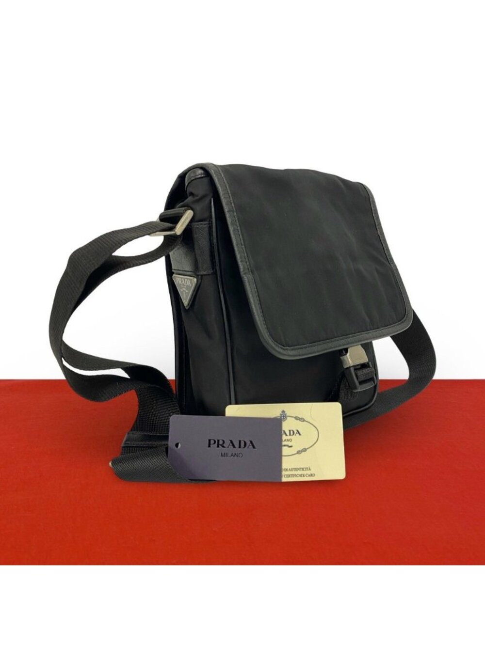 Prada Triangle Logo Tessuto Nylon Saffiano Leather Shoulder Bag Cross Black